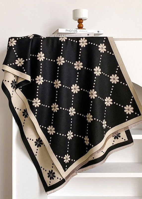 Reversible Daisy Print Fringe Scarf in Olive Green and Ivory