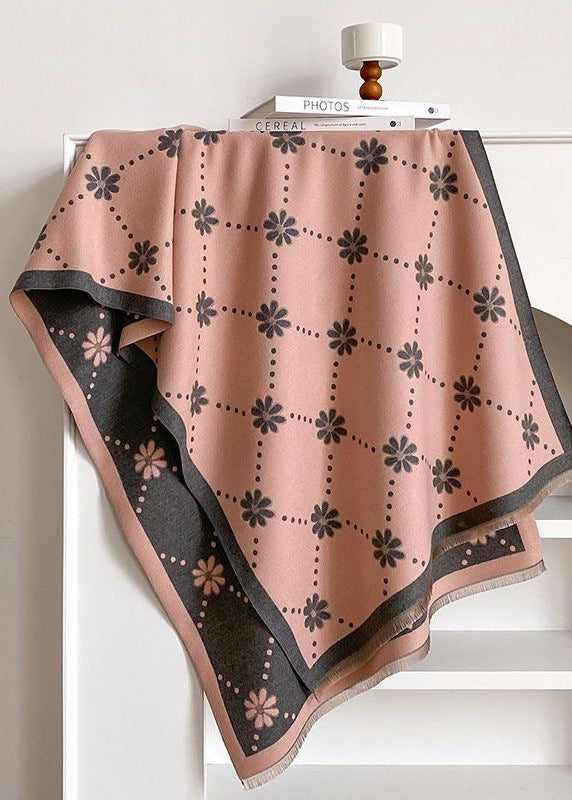 Reversible Daisy Print Fringe Scarf in Olive Green and Ivory