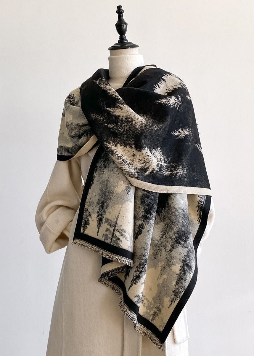 Reversible Pine Forest Print Fringe Scarf in Navy and Mustard