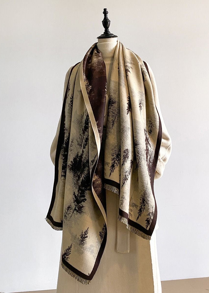 Reversible Pine Forest Print Fringe Scarf in Navy and Mustard