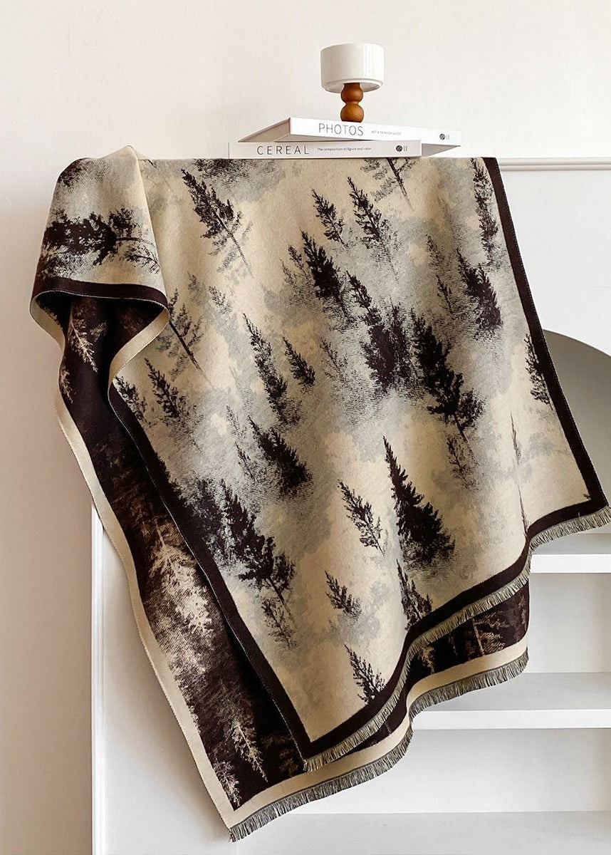Reversible Pine Forest Print Fringe Scarf in Navy and Mustard