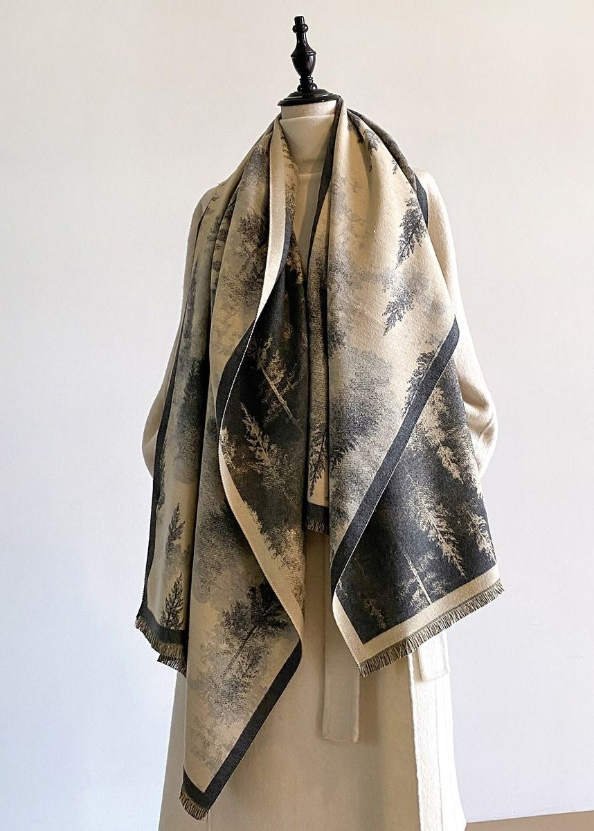 Reversible Pine Forest Print Fringe Scarf in Navy and Mustard