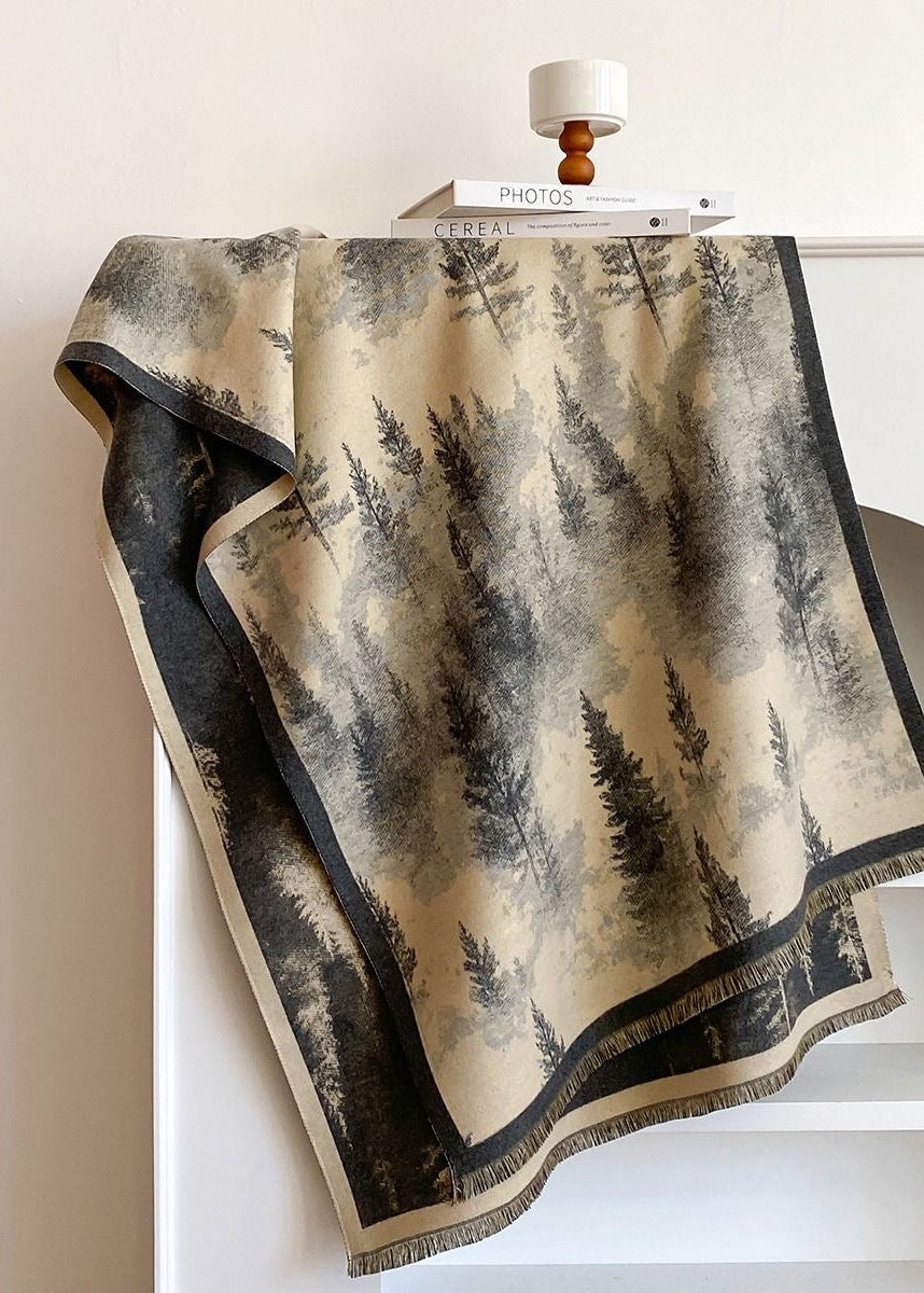 Reversible Pine Forest Print Fringe Scarf in Navy and Mustard
