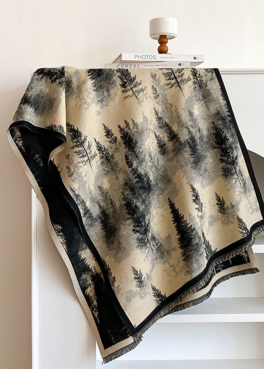 Reversible Pine Forest Print Fringe Scarf in Navy and Mustard