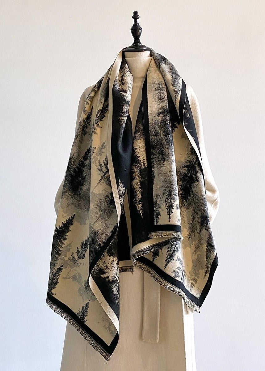 Reversible Pine Forest Print Fringe Scarf in Navy and Mustard