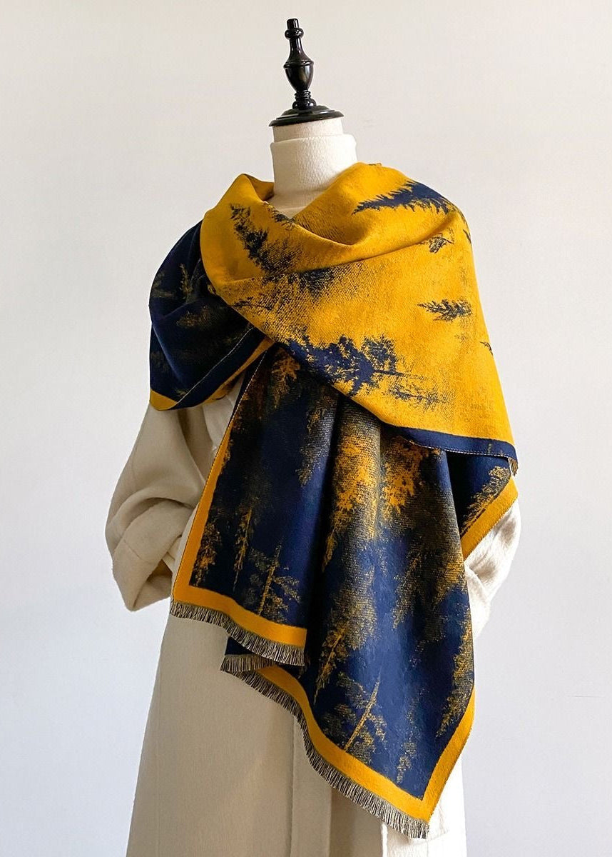 Reversible Pine Forest Print Fringe Scarf in Navy and Mustard