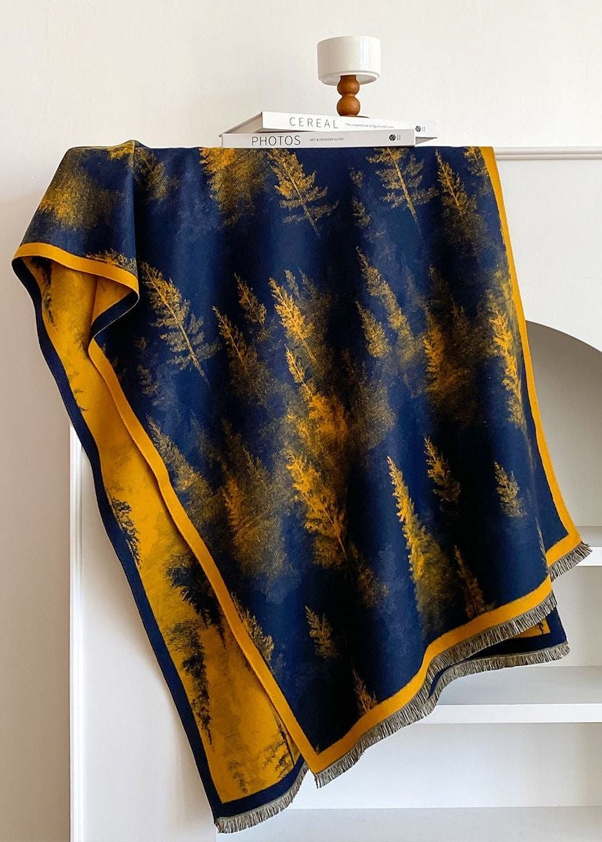 Reversible Pine Forest Print Fringe Scarf in Navy and Mustard