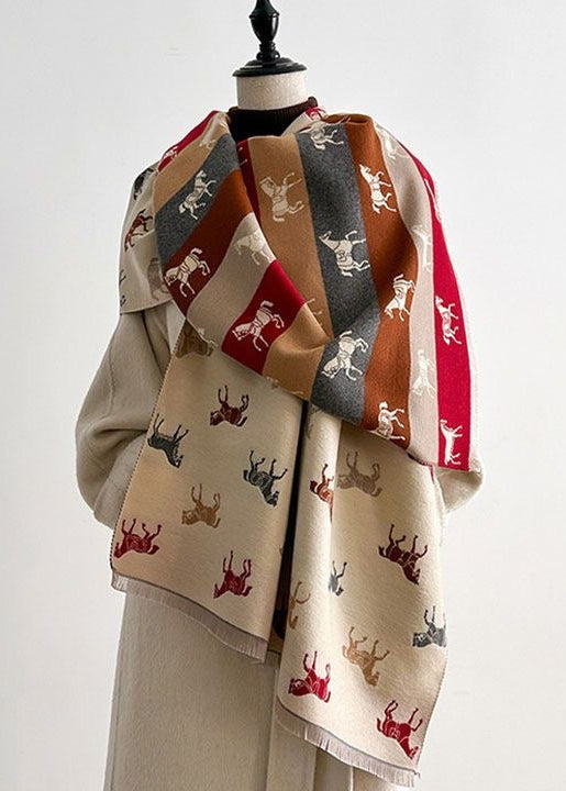 Reversible Horse Print Fringe Scarf with Multicolor Stripes