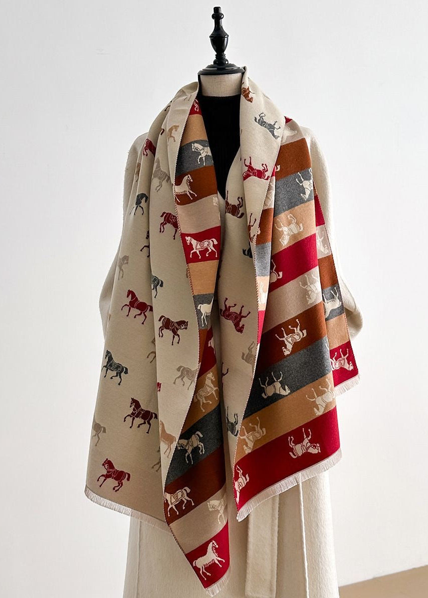 Reversible Horse Print Fringe Scarf with Multicolor Stripes