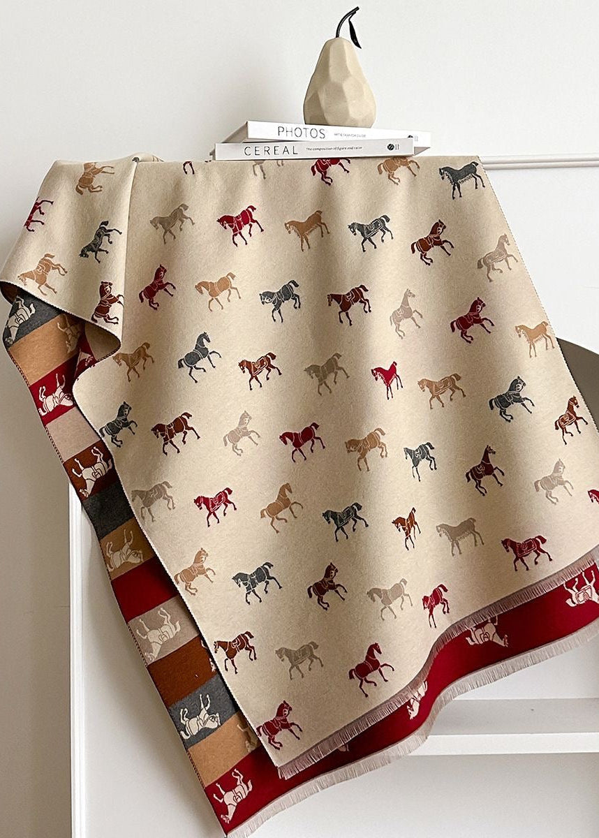 Reversible Horse Print Fringe Scarf with Multicolor Stripes