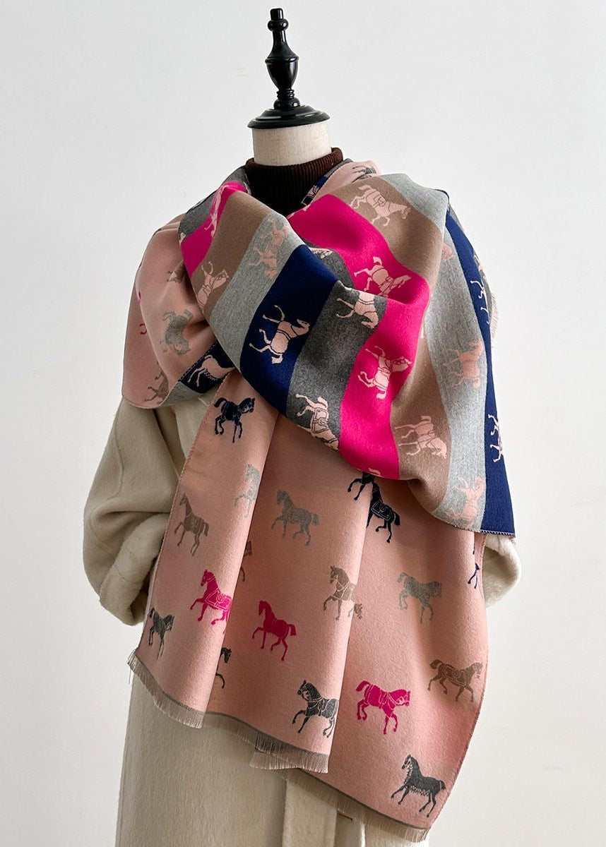 Reversible Horse Print Fringe Scarf with Multicolor Stripes