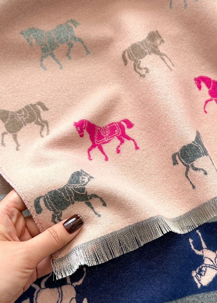 Reversible Horse Print Fringe Scarf with Multicolor Stripes