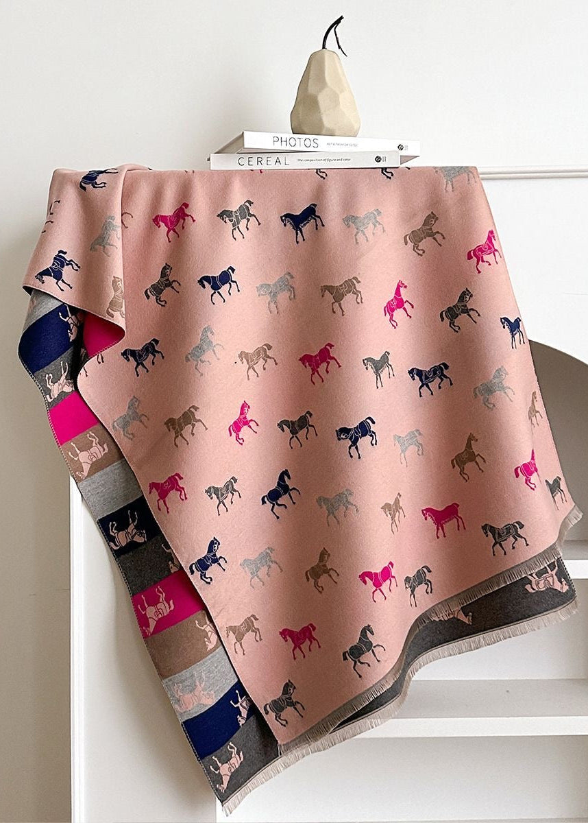 Reversible Horse Print Fringe Scarf with Multicolor Stripes