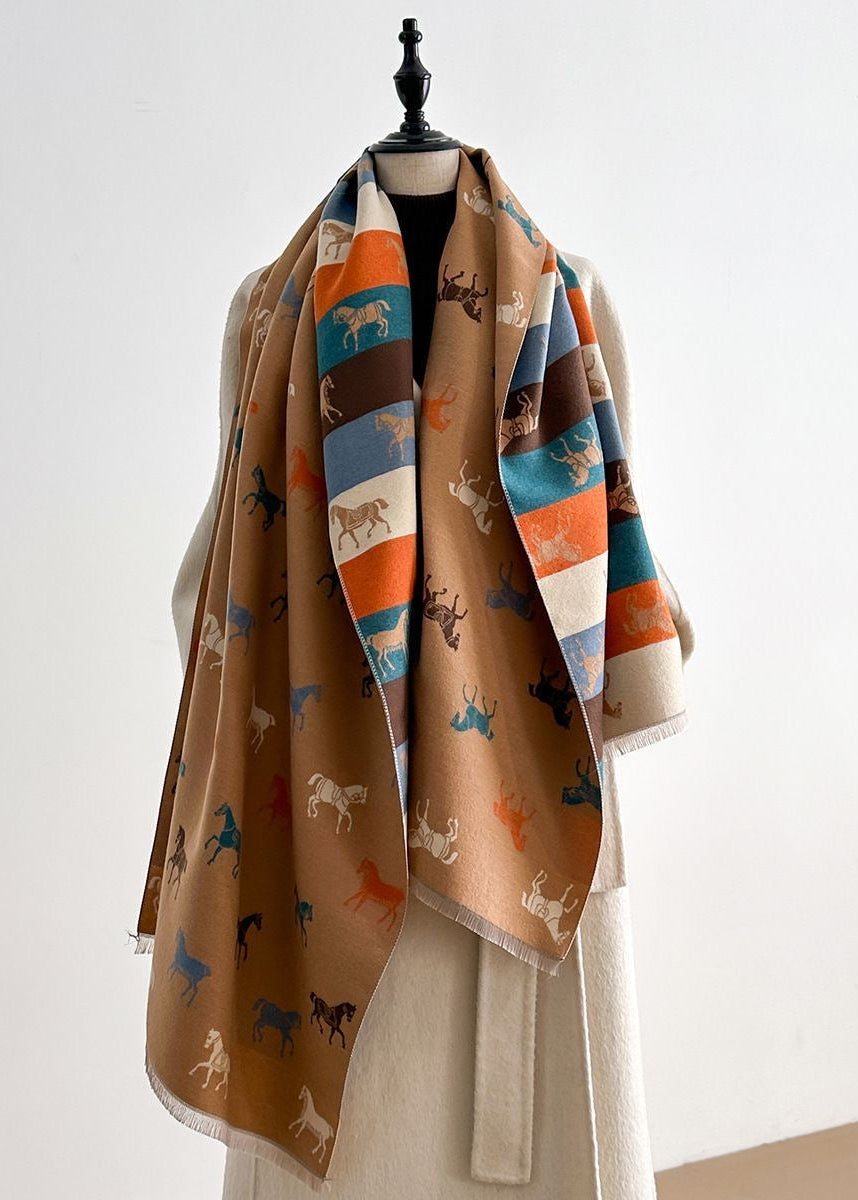 Reversible Horse Print Fringe Scarf with Multicolor Stripes
