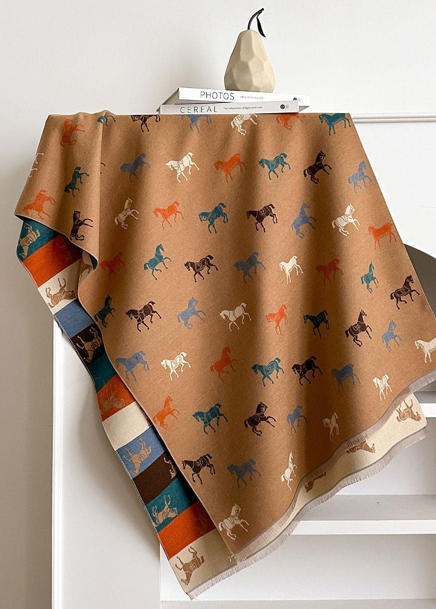 Reversible Horse Print Fringe Scarf with Multicolor Stripes