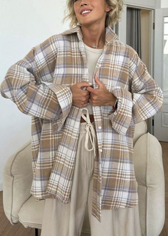 Beige Plaid Long-Sleeve Button-Up Shirt with Turn-Down Collar