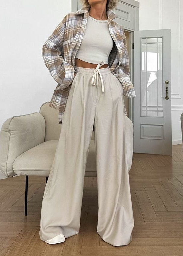 Beige Plaid Long-Sleeve Button-Up Shirt with Turn-Down Collar