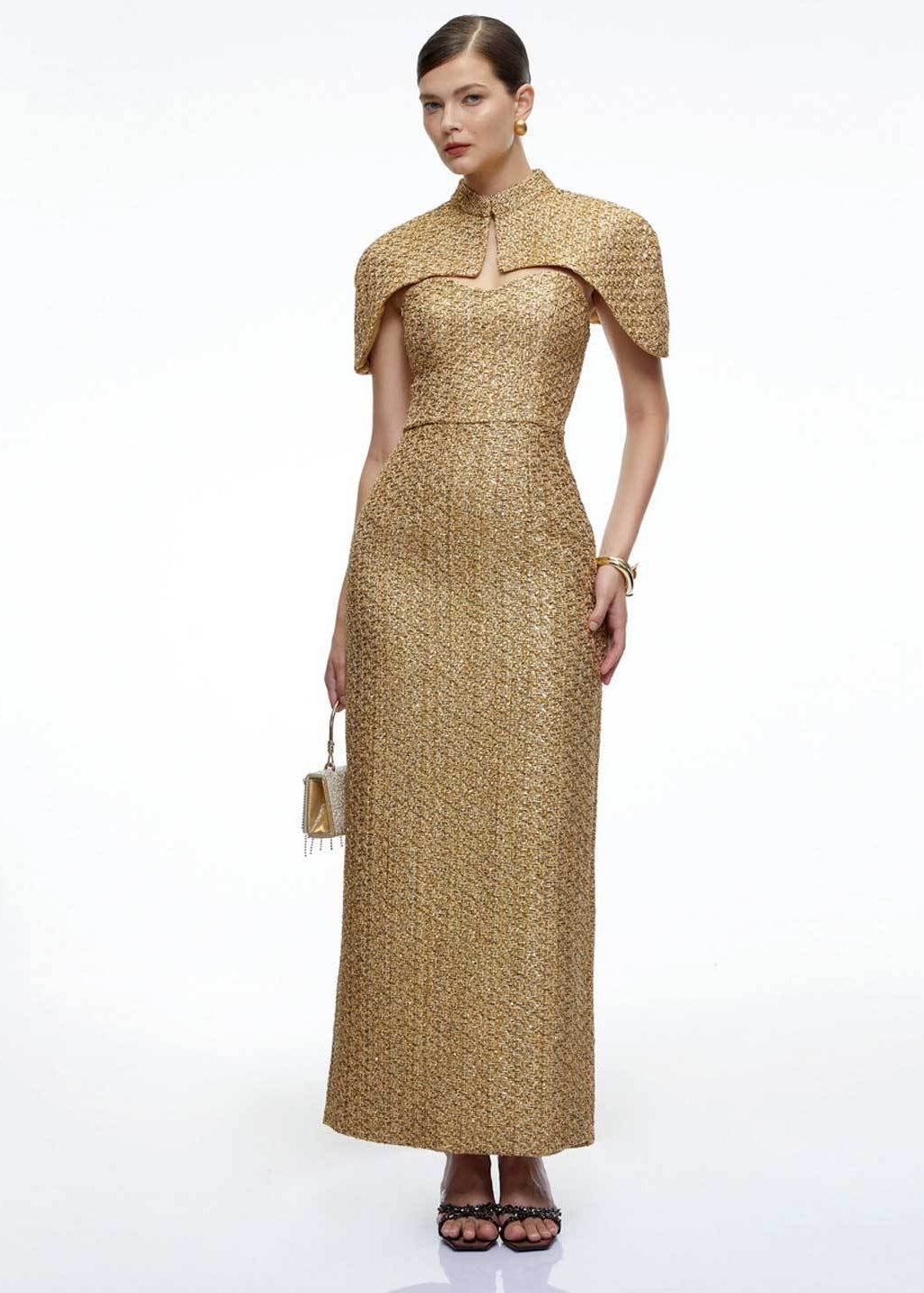 Gold Glitter Cape Maxi Dress with High Neck