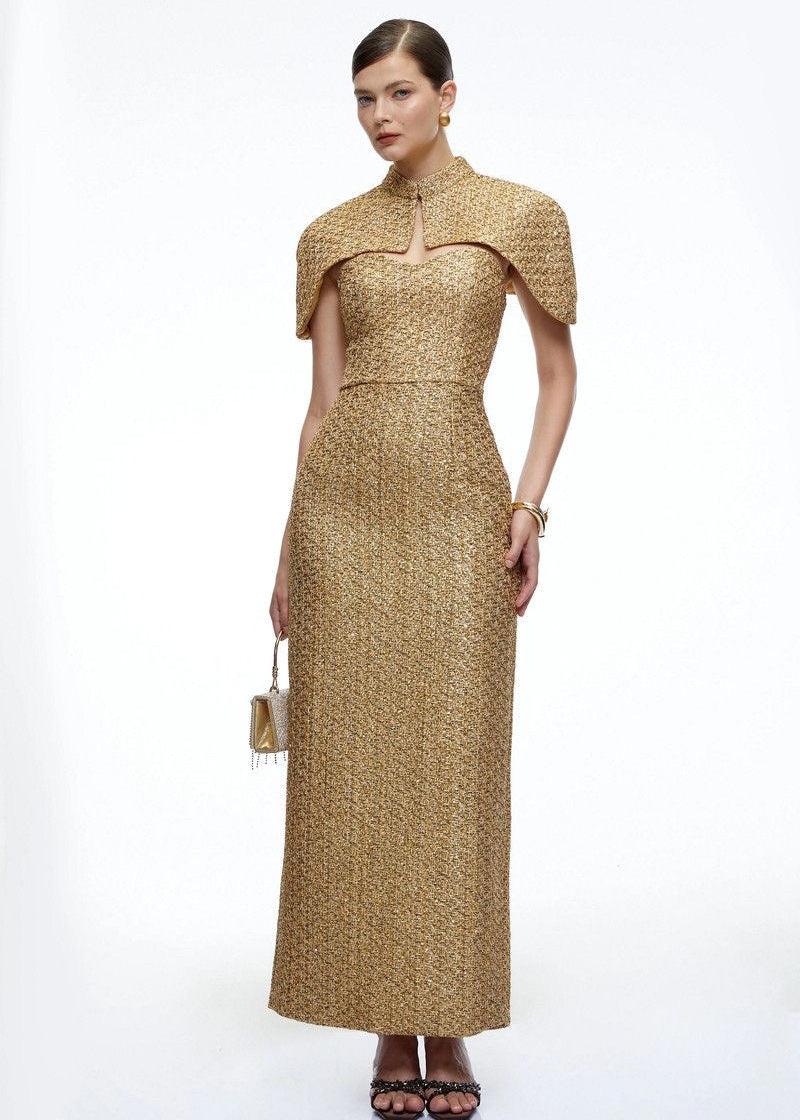 Gold Glitter Cape Maxi Dress with High Neck