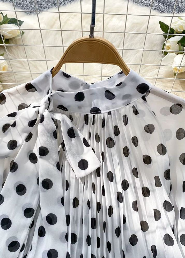 White Polka Dot Pleated Tie-Neck Blouse with Balloon Sleeves