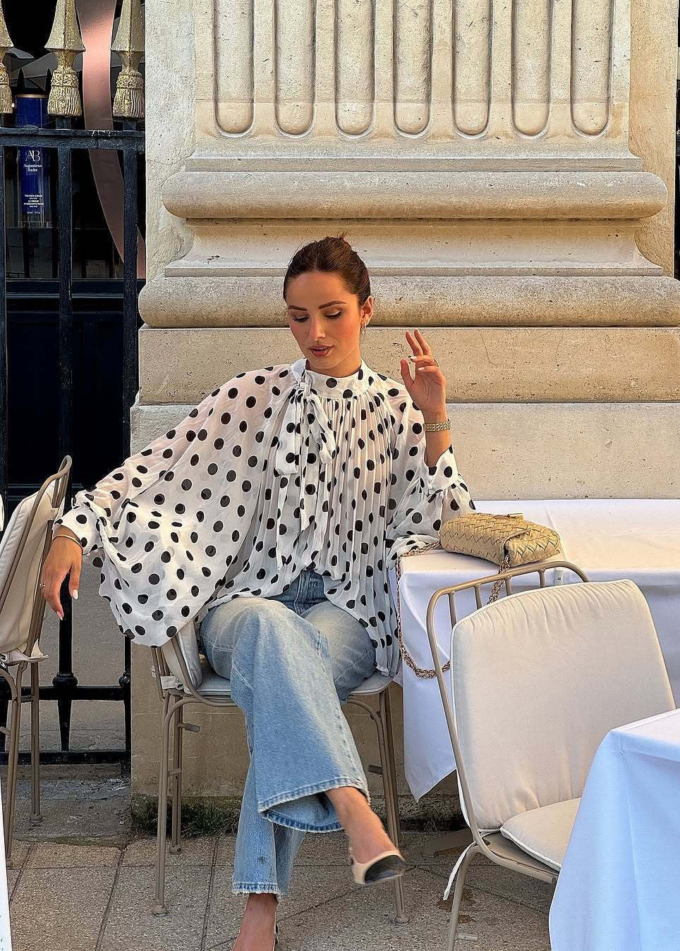 White Polka Dot Pleated Tie-Neck Blouse with Balloon Sleeves
