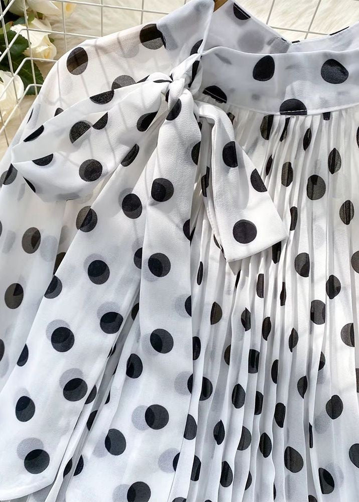 White Polka Dot Pleated Tie-Neck Blouse with Balloon Sleeves