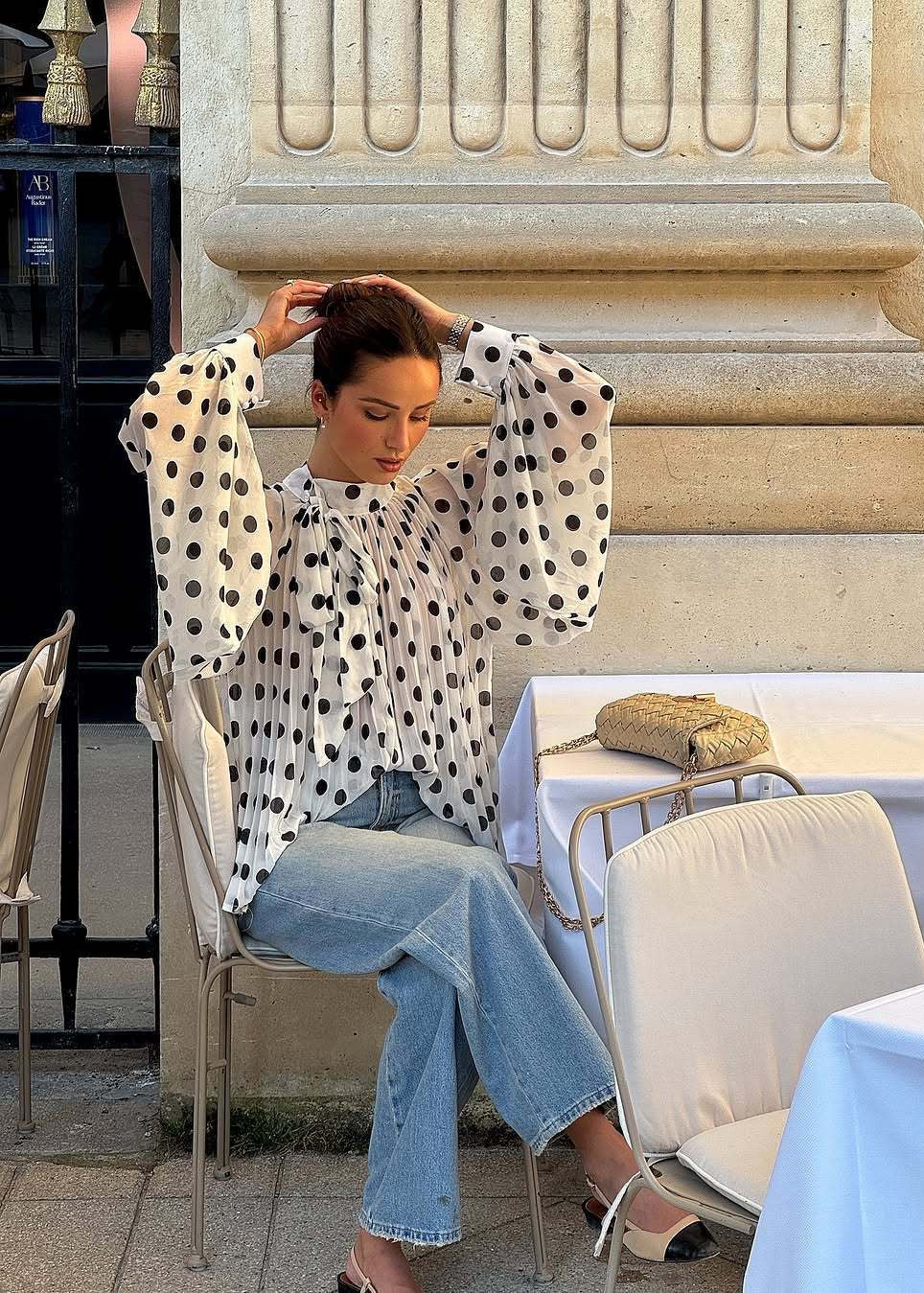 White Polka Dot Pleated Tie-Neck Blouse with Balloon Sleeves