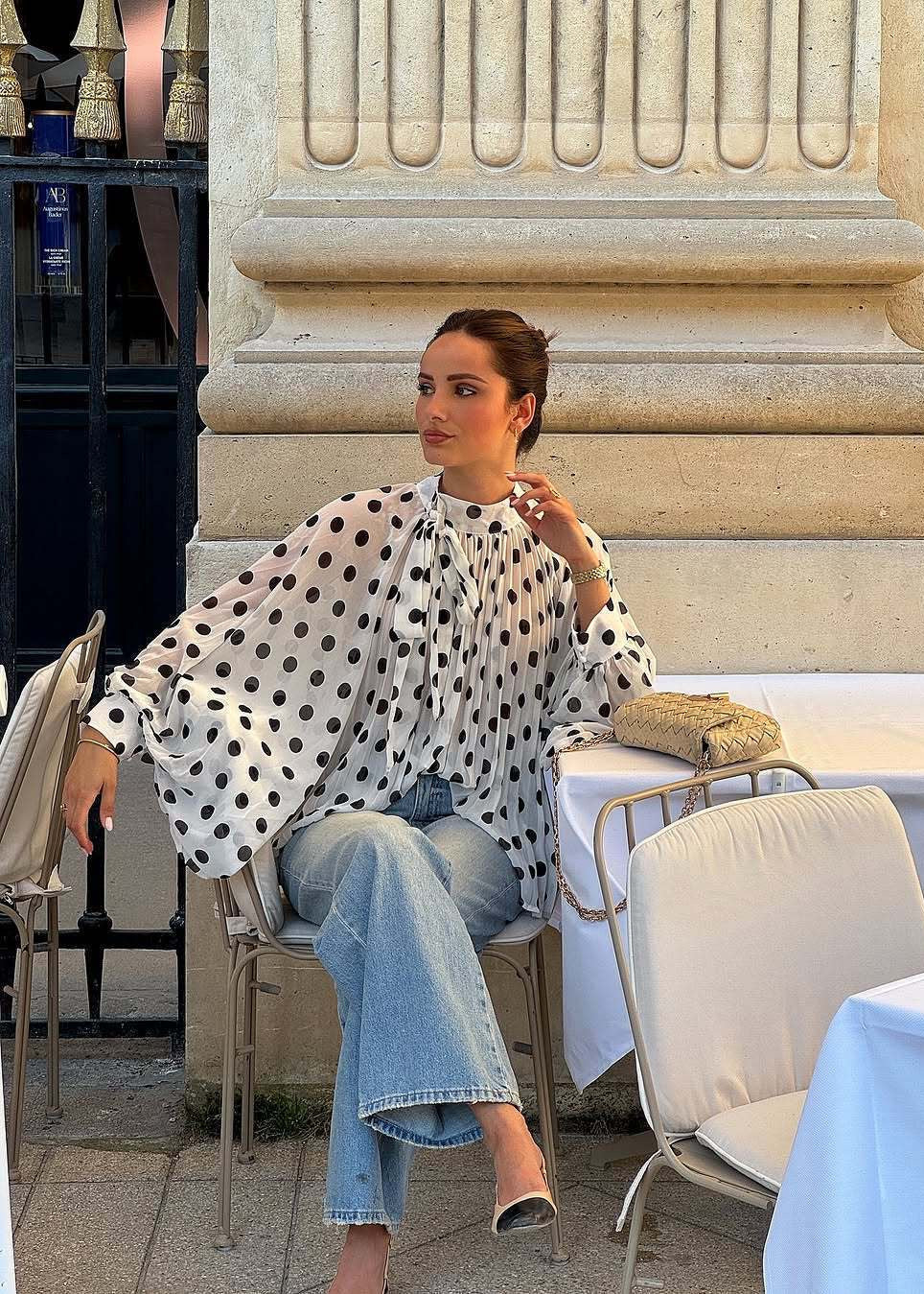 White Polka Dot Pleated Tie-Neck Blouse with Balloon Sleeves