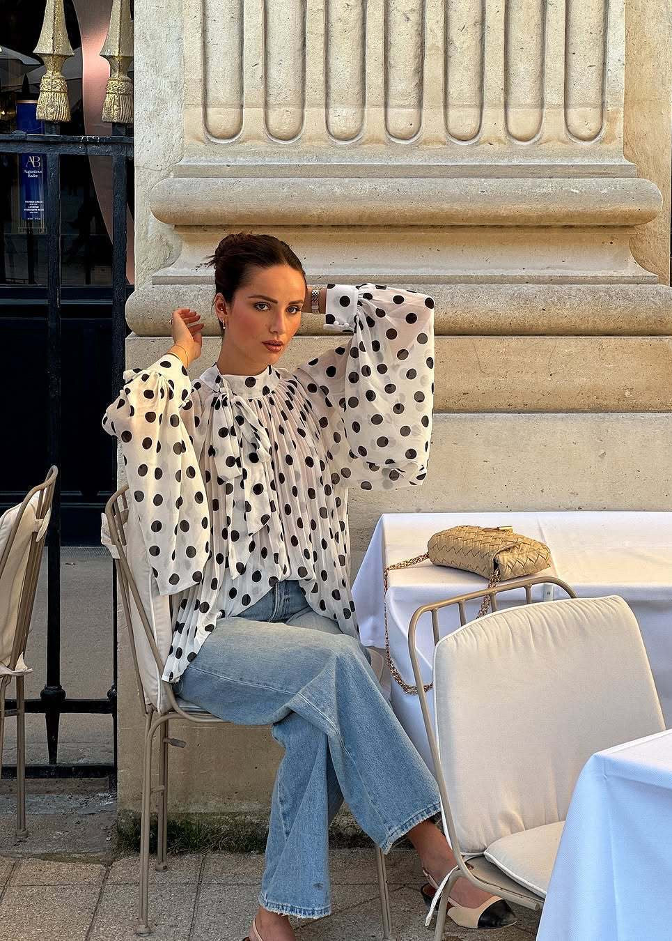 White Polka Dot Pleated Tie-Neck Blouse with Balloon Sleeves