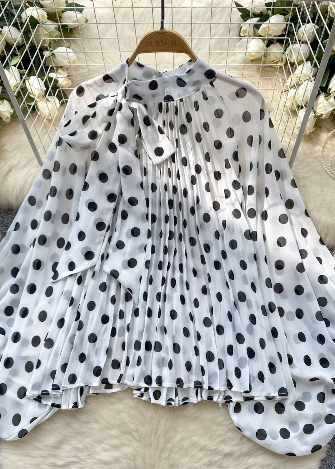 White Polka Dot Pleated Tie-Neck Blouse with Balloon Sleeves