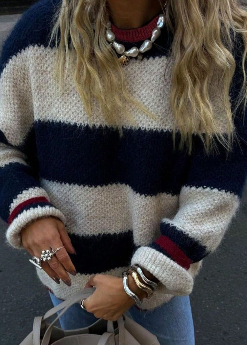 Navy and Cream Striped Crew Neck Sweater with Red Trim