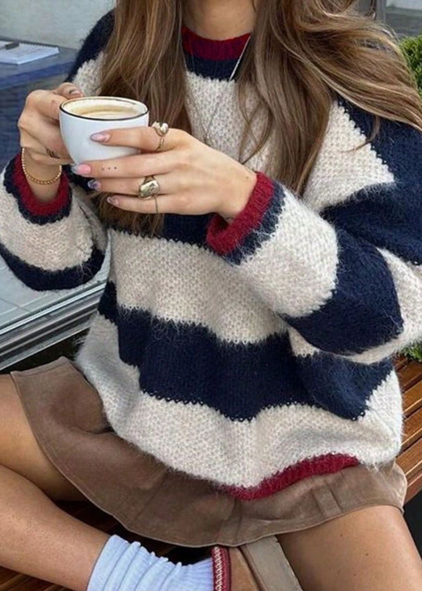 Navy and Cream Striped Crew Neck Sweater with Red Trim