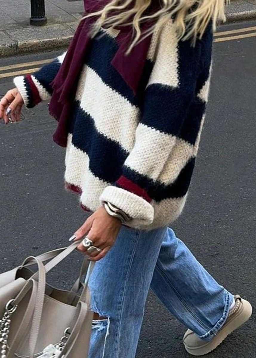 Navy and Cream Striped Crew Neck Sweater with Red Trim