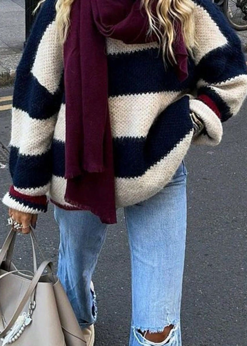 Navy and Cream Striped Crew Neck Sweater with Red Trim