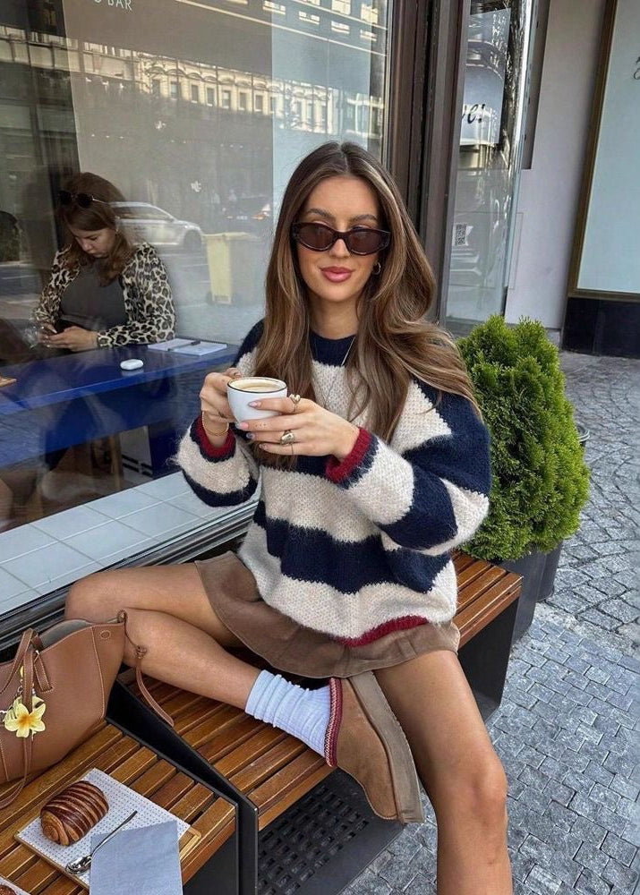 Navy and Cream Striped Crew Neck Sweater with Red Trim