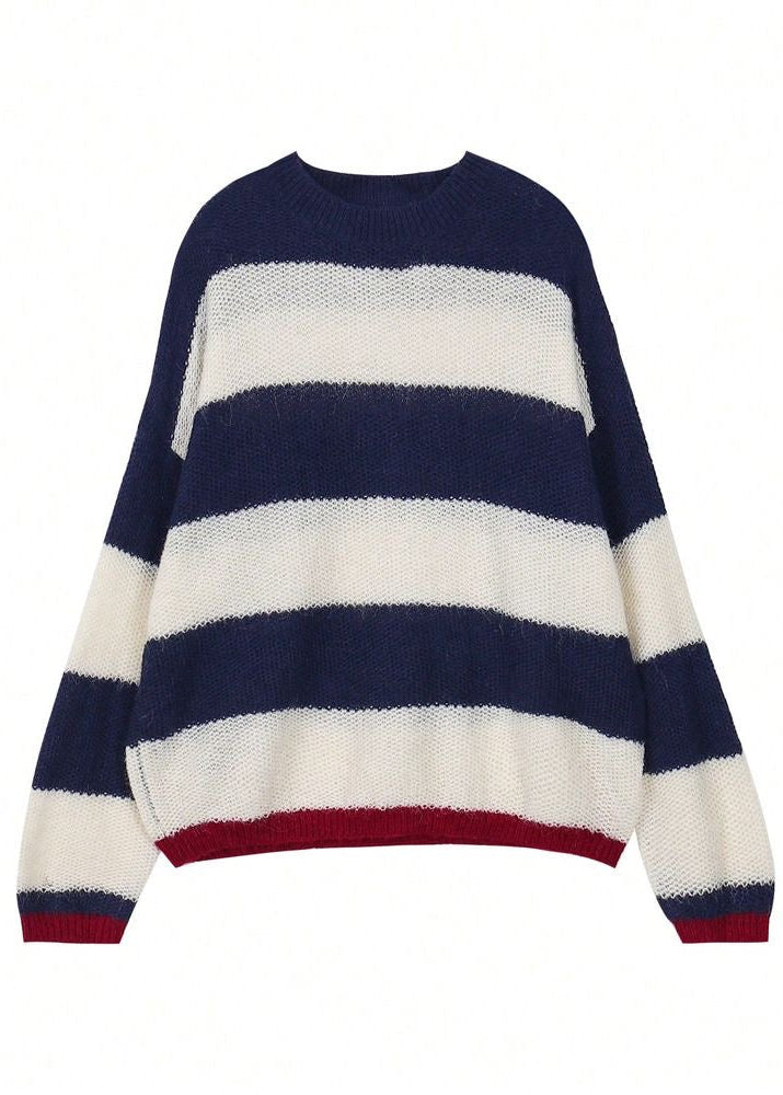 Navy and Cream Striped Crew Neck Sweater with Red Trim