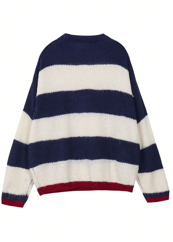 Navy and Cream Striped Crew Neck Sweater with Red Trim