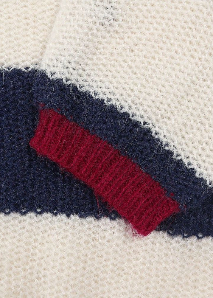 Navy and Cream Striped Crew Neck Sweater with Red Trim