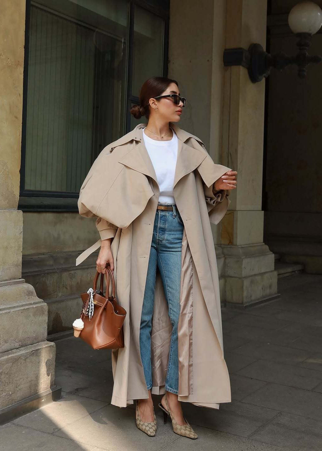 Beige Long Trench Coat with Cape Overlay and Belt