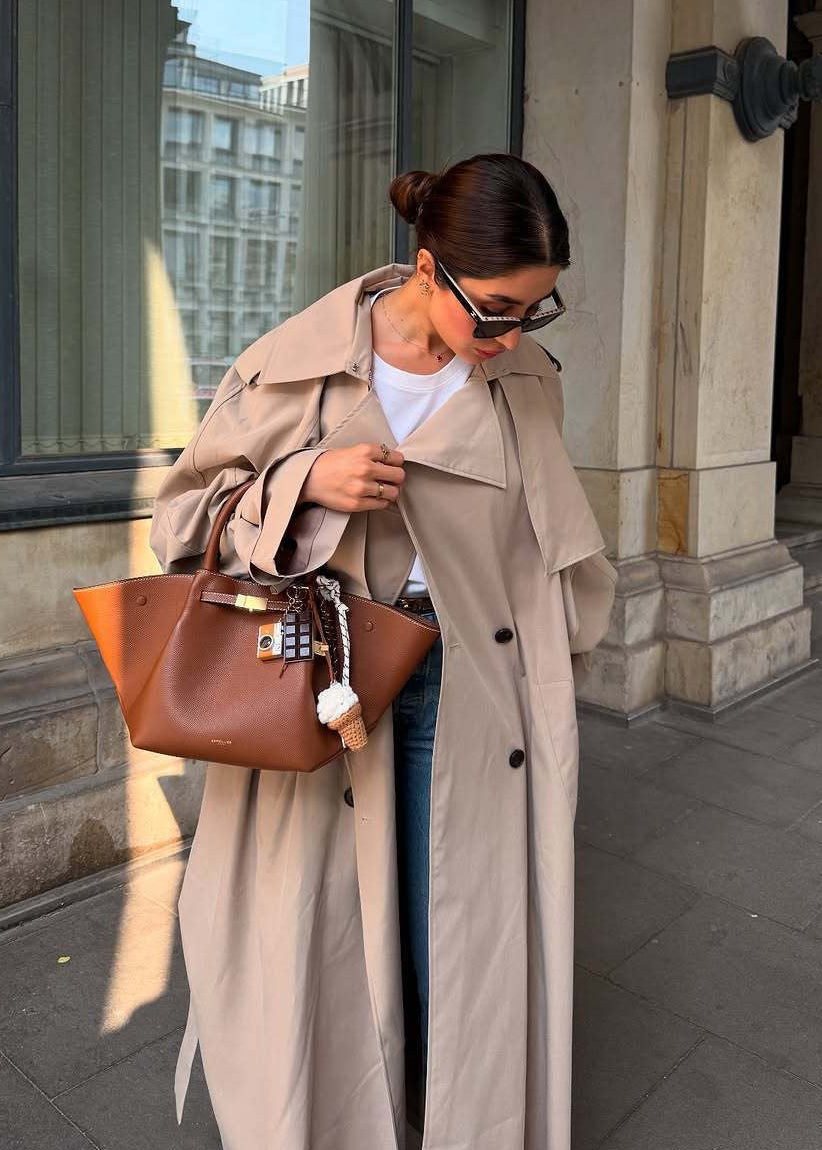 Beige Long Trench Coat with Cape Overlay and Belt