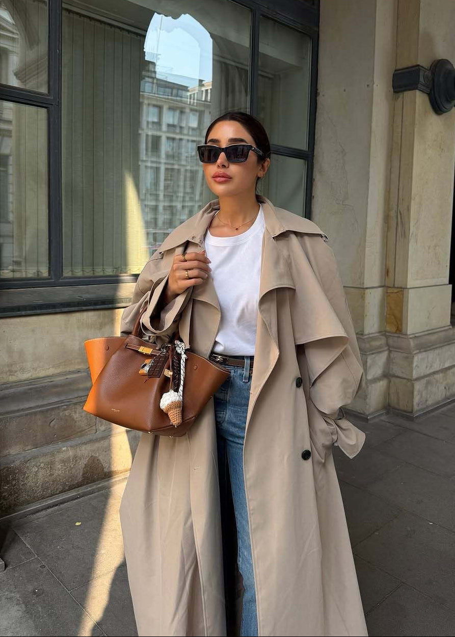 Beige Long Trench Coat with Cape Overlay and Belt