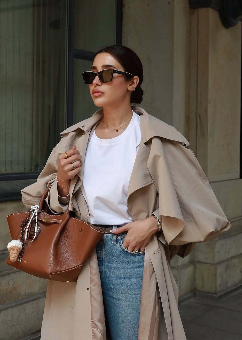 Beige Long Trench Coat with Cape Overlay and Belt