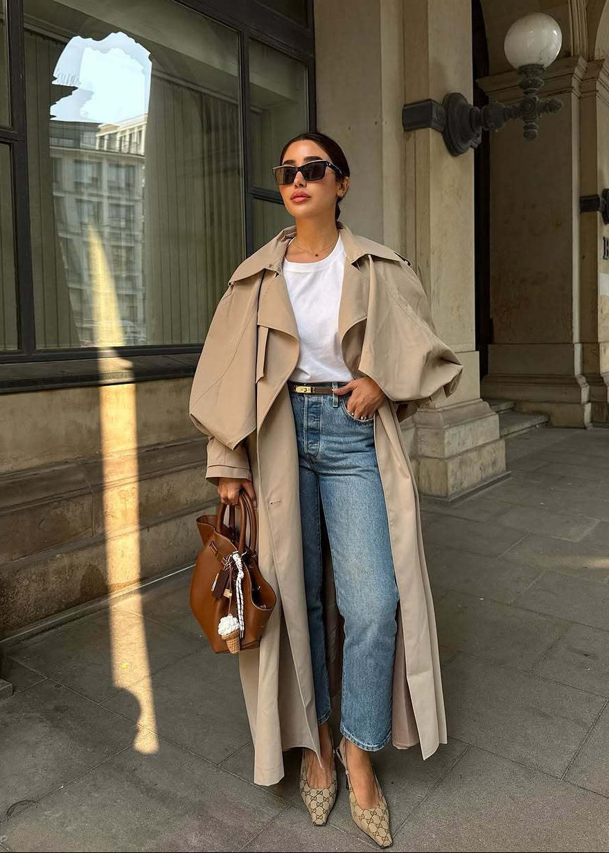Beige Long Trench Coat with Cape Overlay and Belt