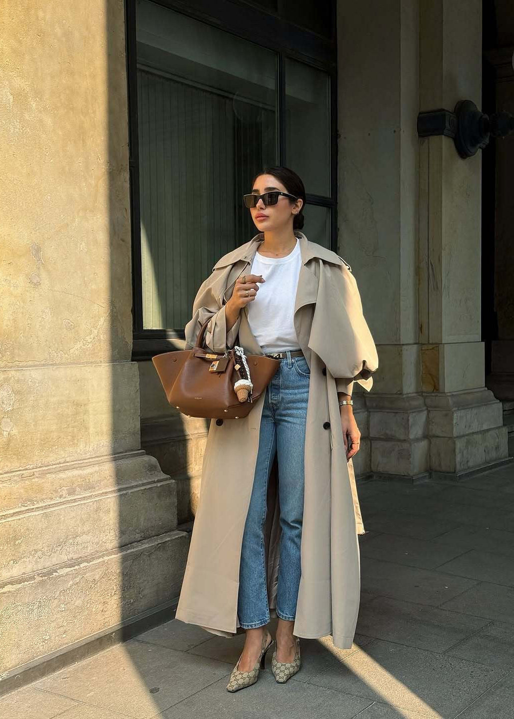 Beige Long Trench Coat with Cape Overlay and Belt