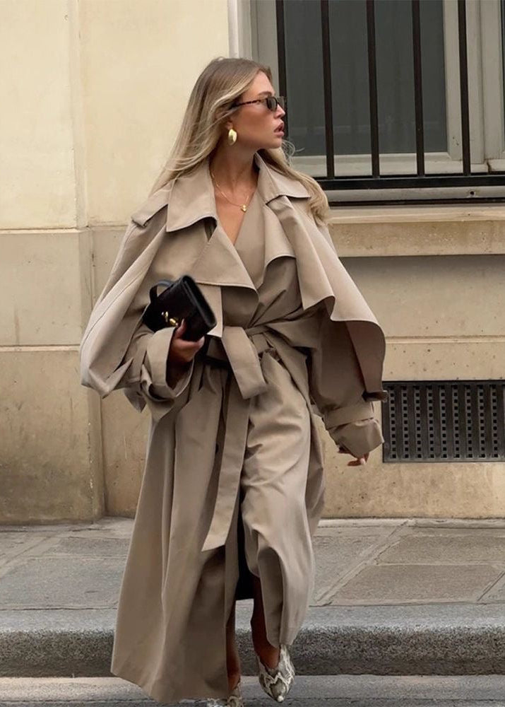Beige Long Trench Coat with Cape Overlay and Belt