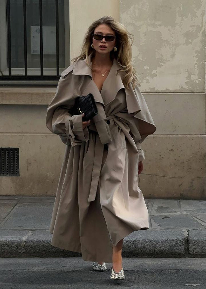 Beige Long Trench Coat with Cape Overlay and Belt