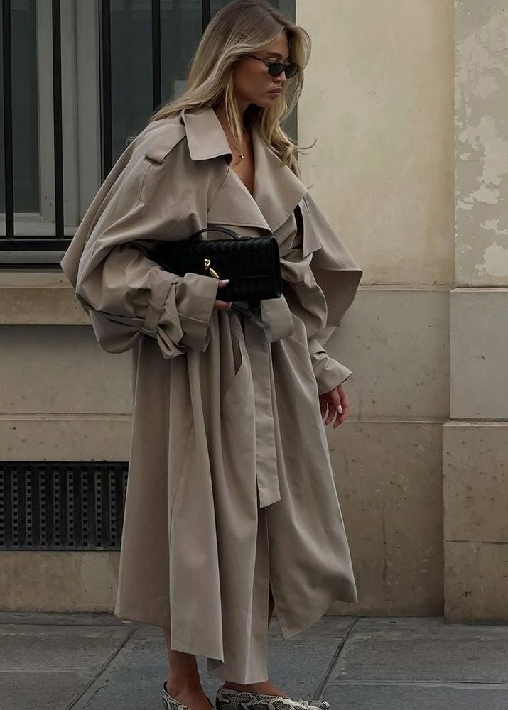 Beige Long Trench Coat with Cape Overlay and Belt
