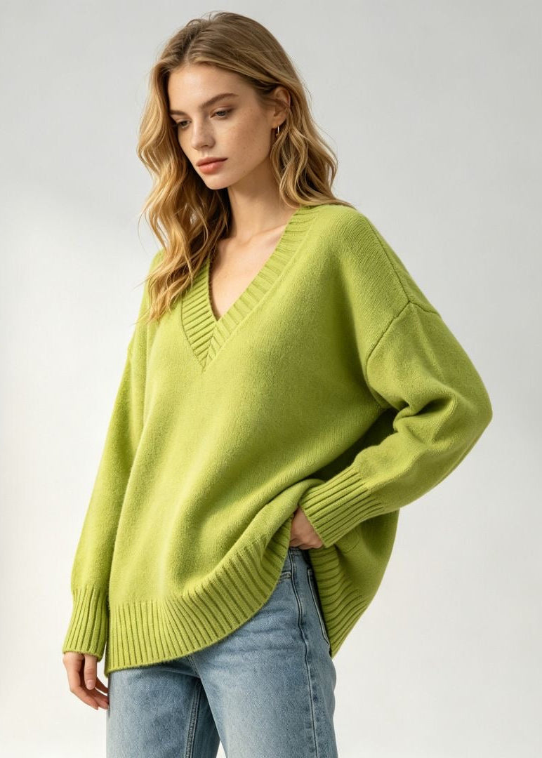 Oversized V-Neck Knit Sweater with Ribbed Trim