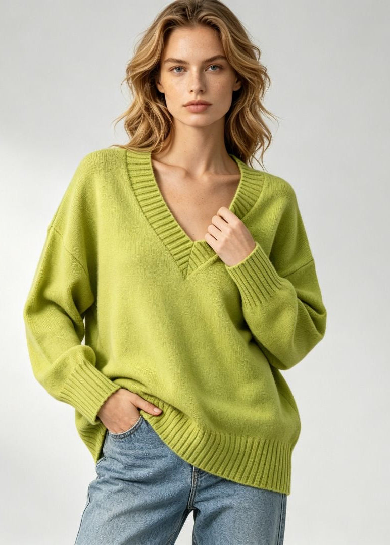 Oversized V-Neck Knit Sweater with Ribbed Trim
