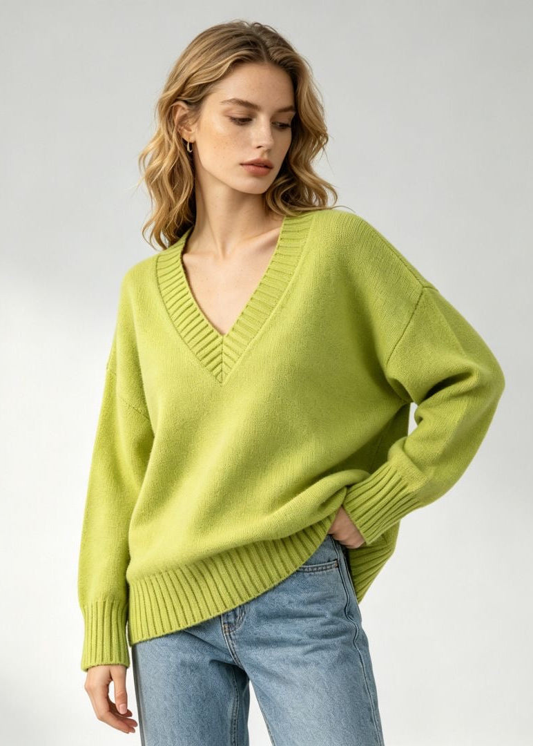 Oversized V-Neck Knit Sweater with Ribbed Trim